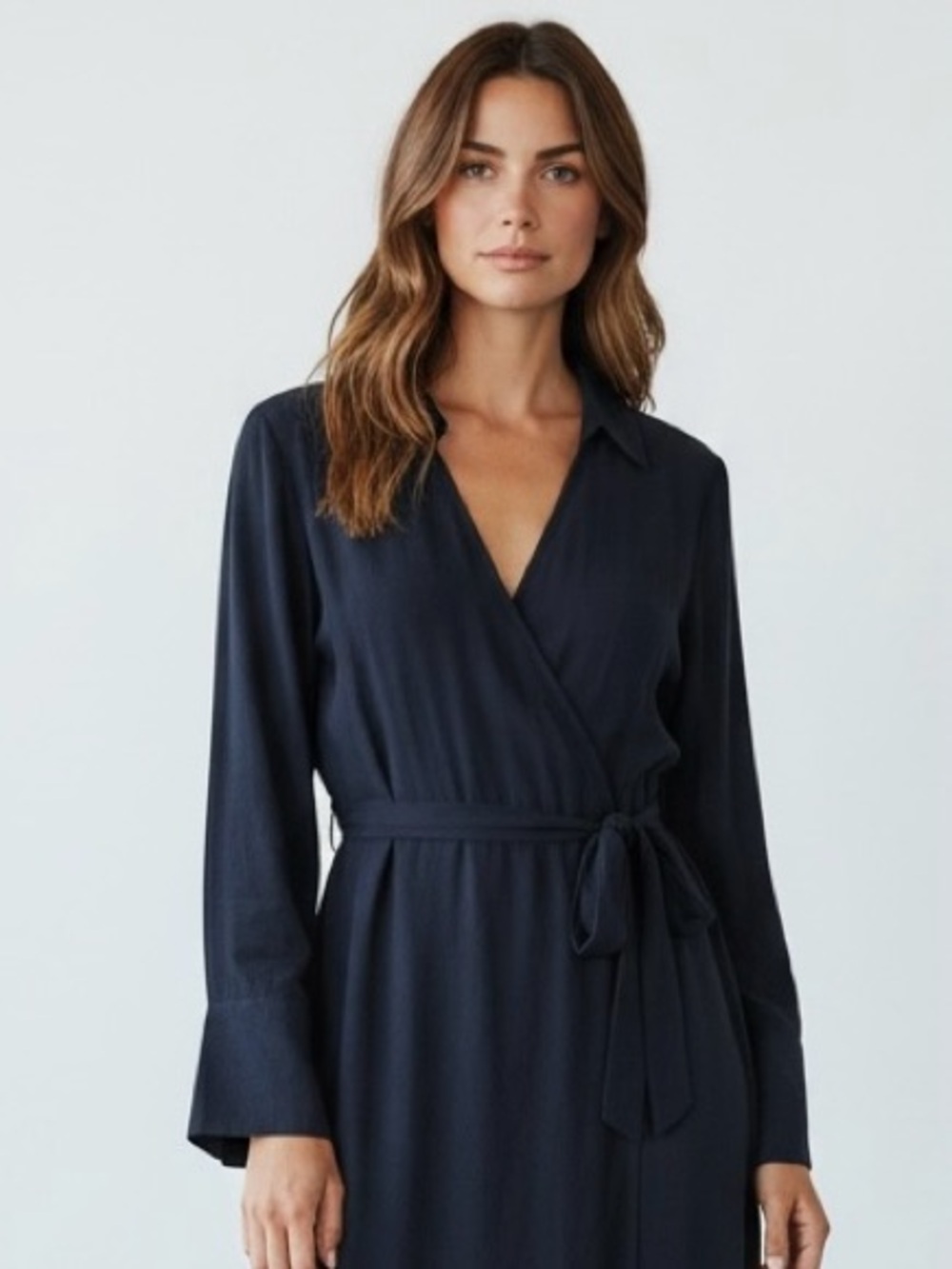Reiss Navy Wrap Midi Dress Long Sleeve Belt Size 8